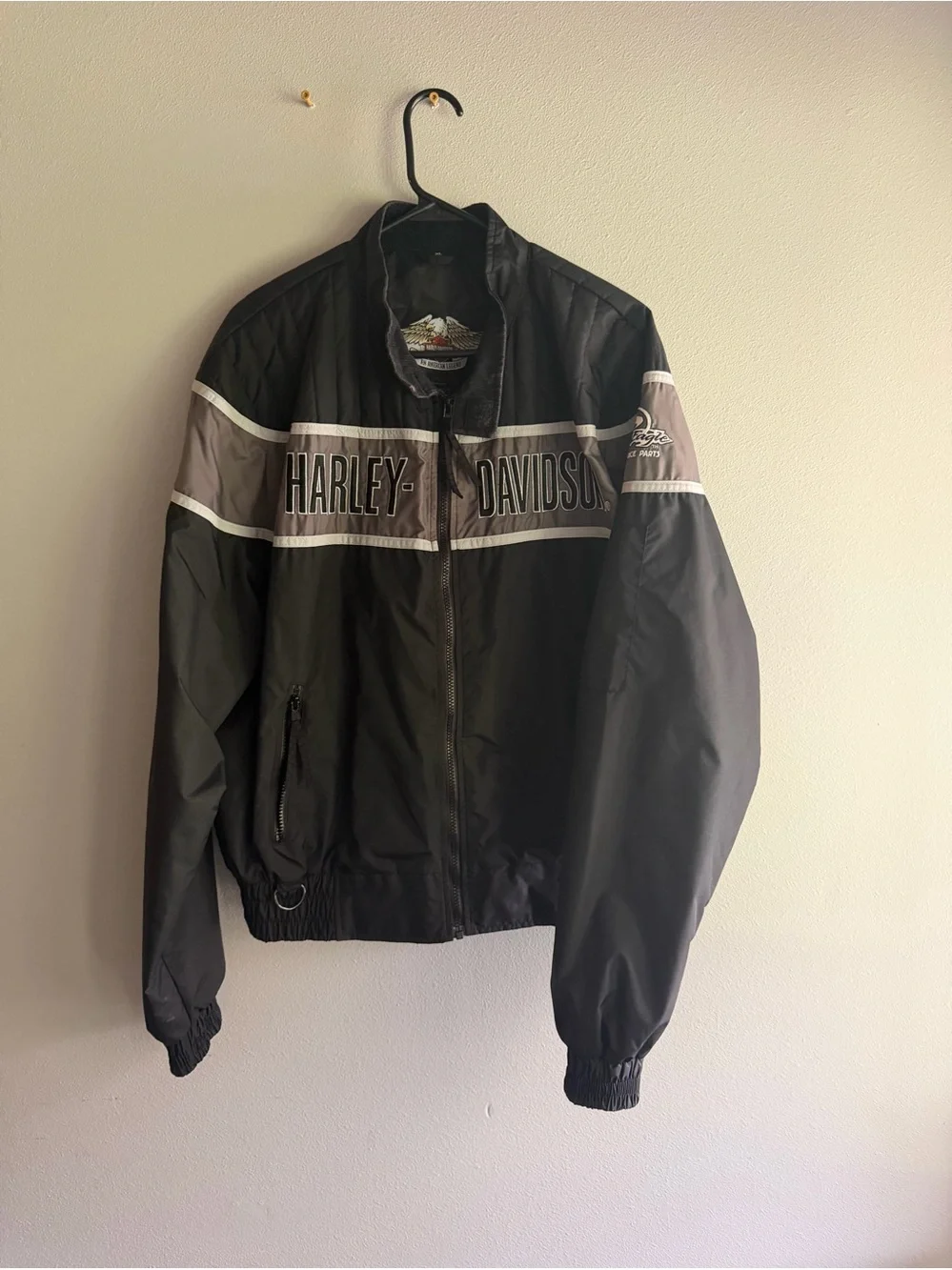 Harley Davidson Racing Jacket‎ Men Black Gray Nylon Windbreaker Zip Up VTG Sz XL